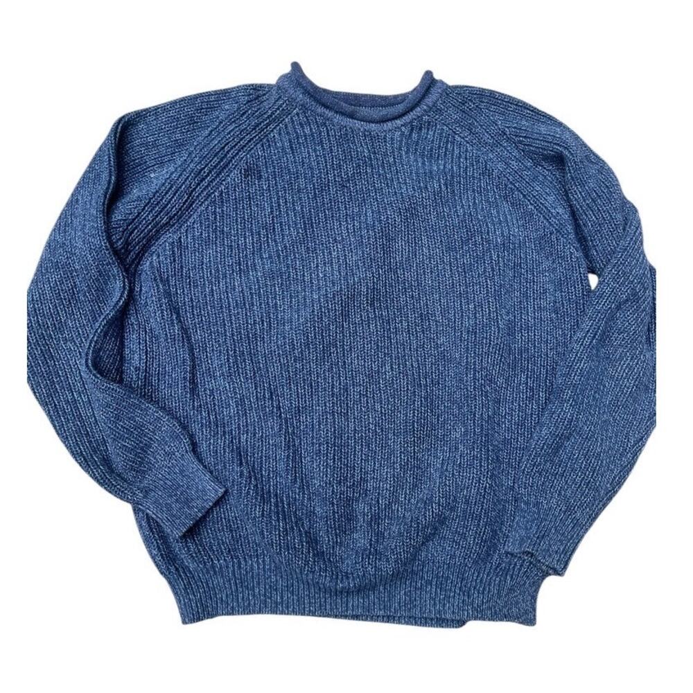 Vintage LL Bean Roll Neck Fisherman Knit Cotton Sweater, Mens L Blue Y2K 90s